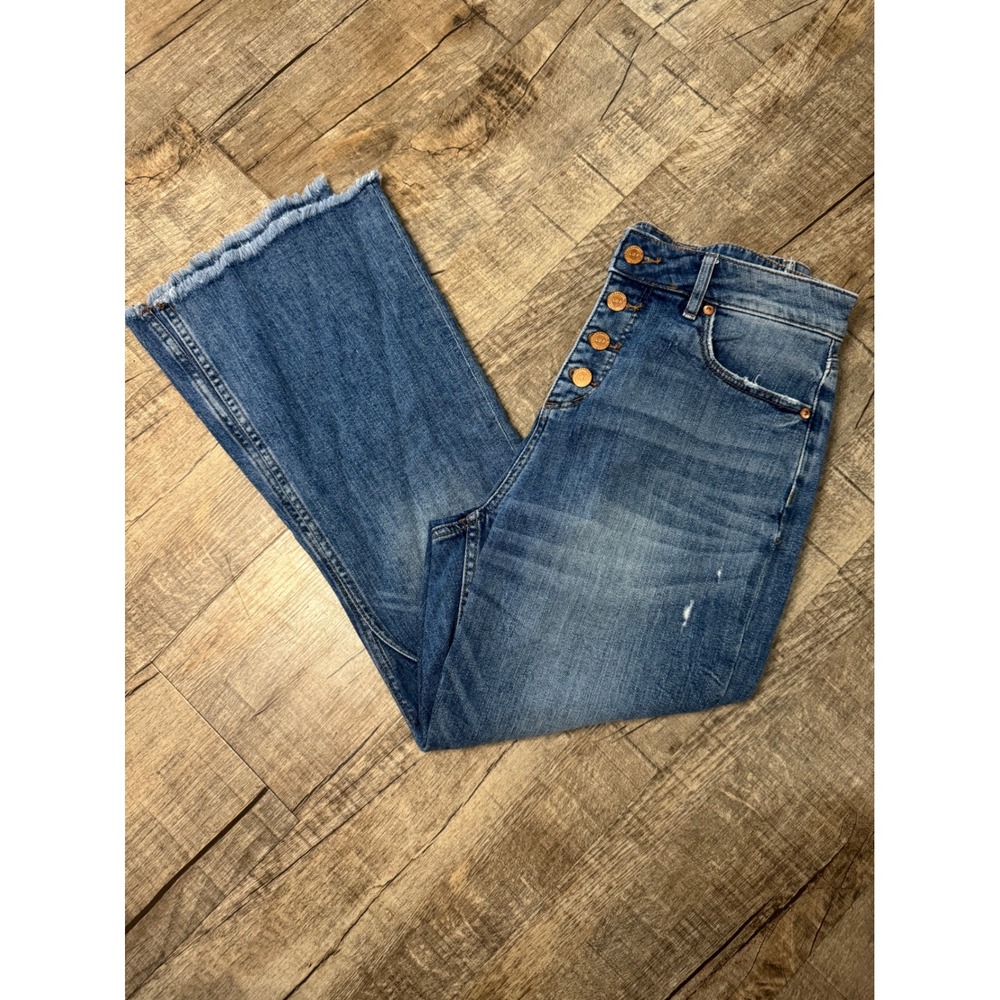 LOFT Womens High Rise Flare Jeans Medium Wash Button Fly Raw Hem Size 4‎ 27
